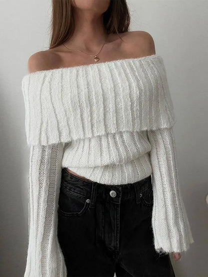 maoxiangshop -  Rib Knit Off Shoulder Pullover For Women Fashion Long Sleeved White Warm Knitwear Sweater Autumn Chic Female Street Jumper