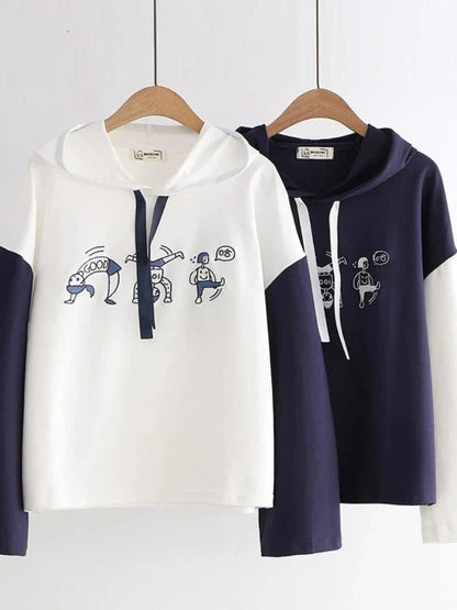 maoxiangshop Harakuju Graphic Casual Cotton Hooded Sweatshirt For Women Summer Patchwork Hoodies Female  Drawstring Pullover Top