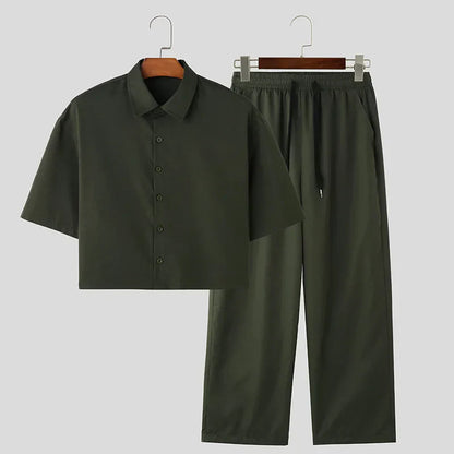 maoxiangshop 2024 Men Sets Solid Color Streetwear Lapel Short Sleeve Shirt & Pants Two Pieces Sets Fashion Men's Casual Suits S-5XL