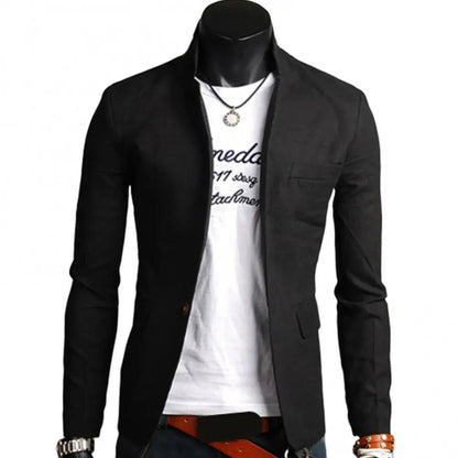 maoxiangshop Men Casual Blazer Spring Autumn Solid Color Lapel Collar Button Pockets Decor Business Suit Tops Wedding Party Outwear Coat