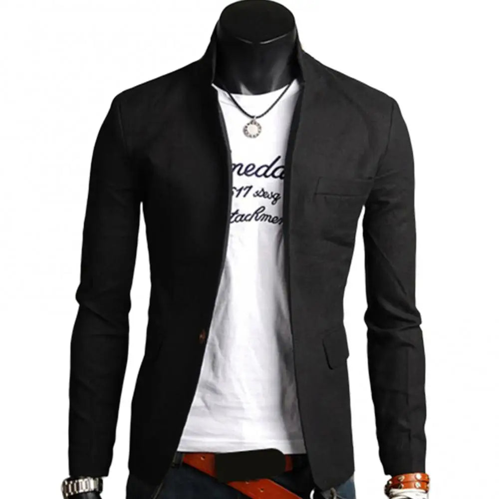 maoxiangshop Men Casual Blazer Spring Autumn Solid Color Lapel Collar Button Pockets Decor Business Suit Tops Wedding Party Outwear Coat