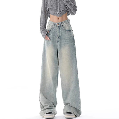 Autumn Winter New High Waisted Jeans Women Button Full Length Wide Leg Denim Pants Fashion Vintage Y2K Light Blue Loose Trousers