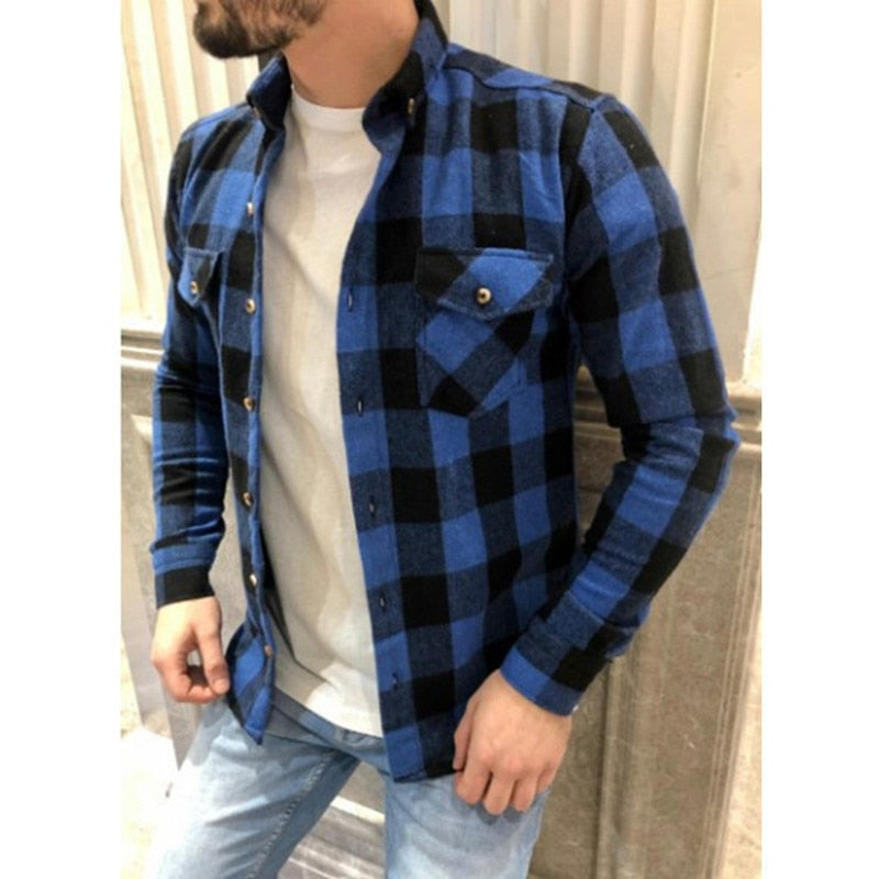 Autumn Casual Plaid Flannel Shirt Men Long-Sleeved Chest Two Pocket Design Fashion Printed-Turn-down Collar Button Shirt M-3XL