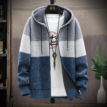 maoxiangshop Winter Men Sweater Add Velvet Cardigan Patchwork Color Stand Collar Male Casual Zipper Knitted Thick Warm Sweatercoat