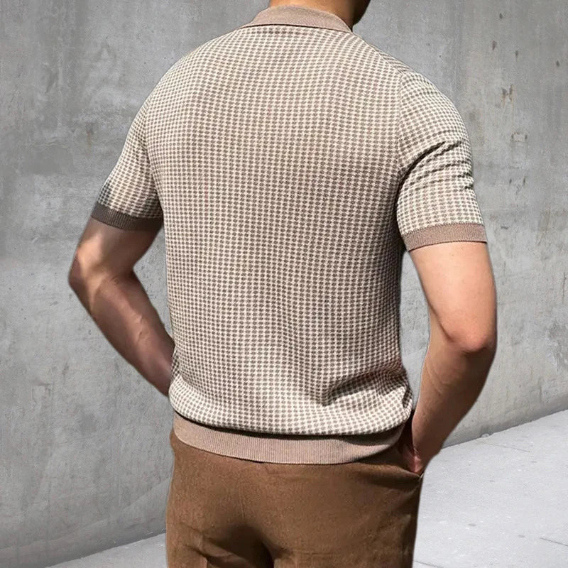 maoxiangshop Leisure Knitting Mens Shirt Short Sleeve Button Turn-down Collar Houndstooth Knit Tops Beach Men Summer Casual Solid Color Tops