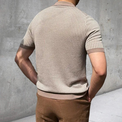 maoxiangshop Leisure Knitting Mens Shirt Short Sleeve Button Turn-down Collar Houndstooth Knit Tops Beach Men Summer Casual Solid Color Tops