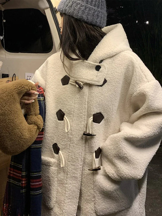 maoxiangshop  -  Casual Fluffy Lamb Wool Long Coats Women Warm Loose Horn Button Pockets Solid Coat Female Winter Elegant Chic Streetwear