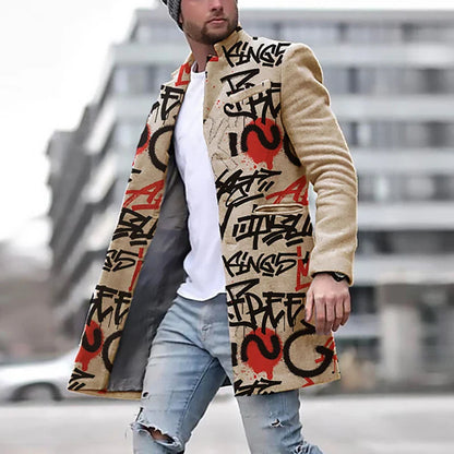 maoxiangshop WELL DRESSED MEN Autumn Winter Retro Print Woolen Coat Men Casual Single Breasted Lapel Long Sleeve Coat Men Fashion Loose Pocket Mid Long Jacket