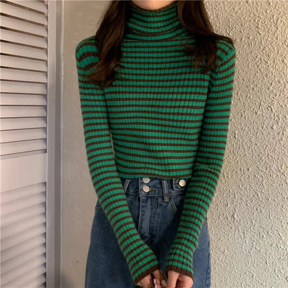 maoxiangshop Women's Striped Turtleneck Sweater Autumn and Winter Knit Sweater Women's Long Sleeve Striped Sweater Turtleneck Sweater