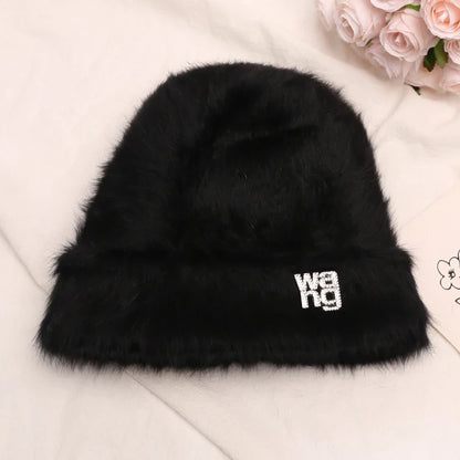 maoxiangshop New Fashion Rabbit Fur Y2k Beanies for Women Soft Warm Fluffy Angola Winter Hat Female Windproof Bonnet Hat Skullies Cap