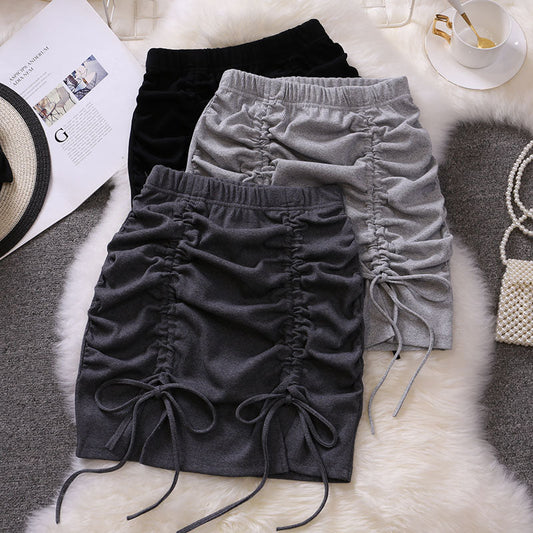 maoxiangshop Draw String Cotton Mini Skirt Girls Summer Elastic Waist Grey Black Split Folds Skirts Women Sexy Bottoms