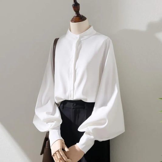 maoxiangshopWoman Spring Autumn Style Blouses Shirt Lady Long Lantern Sleeve Stand Collar Loose Blusas Tops
