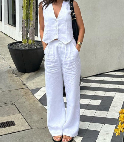 maoxiangshop Summer White Linen Two Piece Set For Women Fashion Sleeveless Tank Top New In Matching High Waist Wide Pants Set