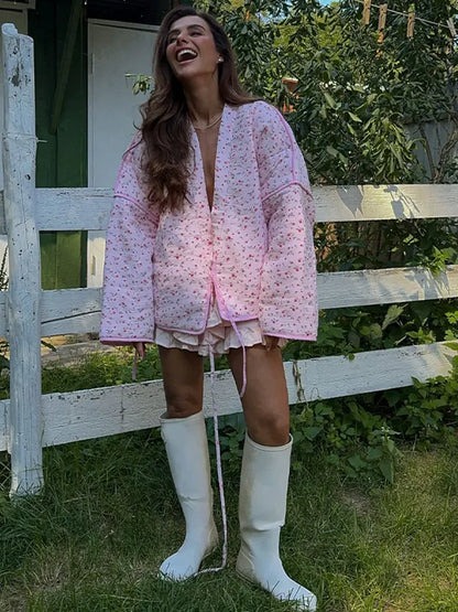 maoxiangshop  -  2024 New Pink Floral Cotton Coats Women Fashion V-neck Full Sleeve Lace Up Loose Jacket Autumn Winter Chic Warm Lady Outerwear