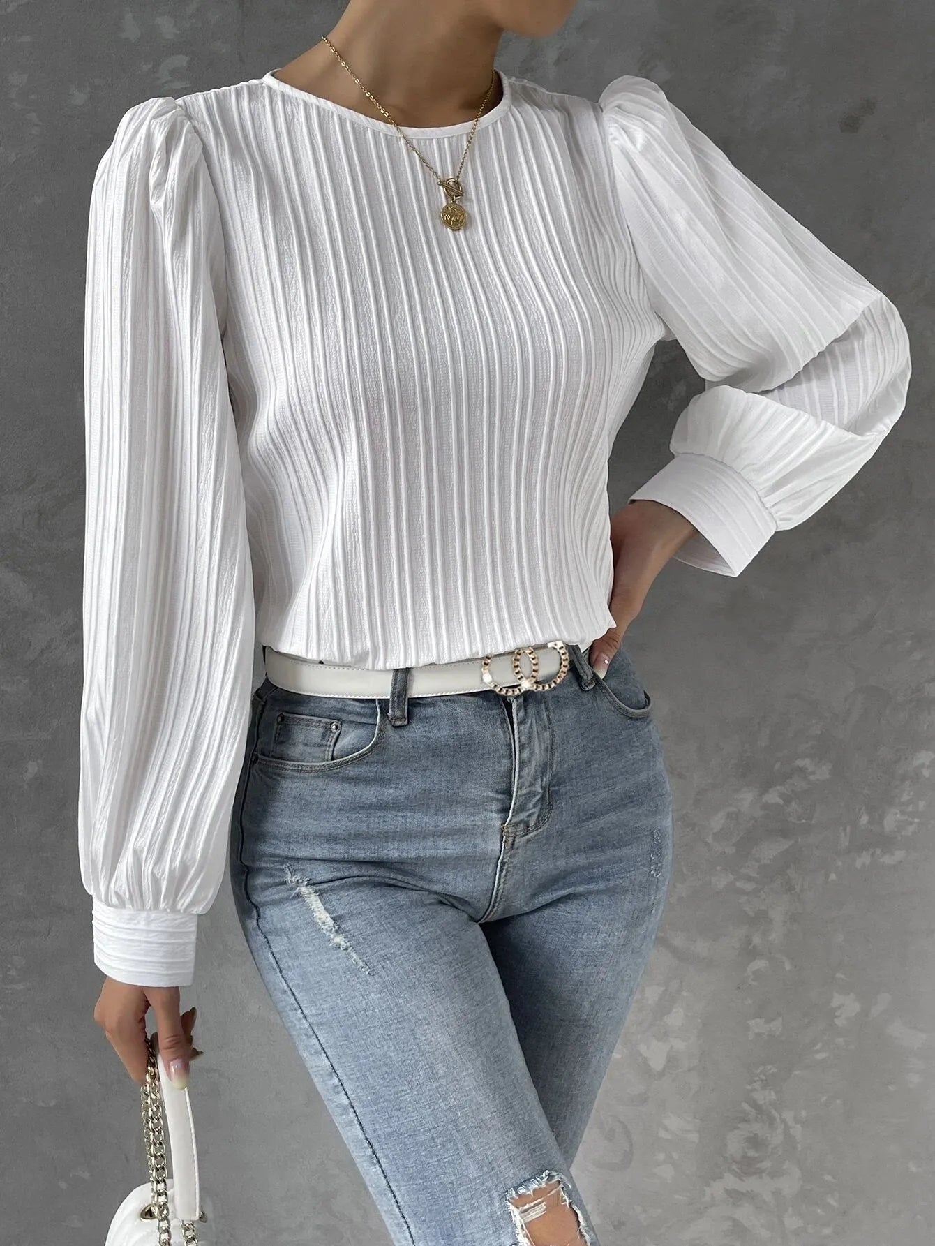 maoxiangshop Fall New Casual Solid Round Neck Long Sleeve Shirts White Women's Blouses