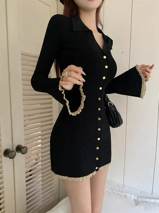 Coquette Black Mini Cabaret Dress Women Korean Style Y2k Sweet Ruffles Long Flare Sleeve Tunic Knitted Dresses Autumn