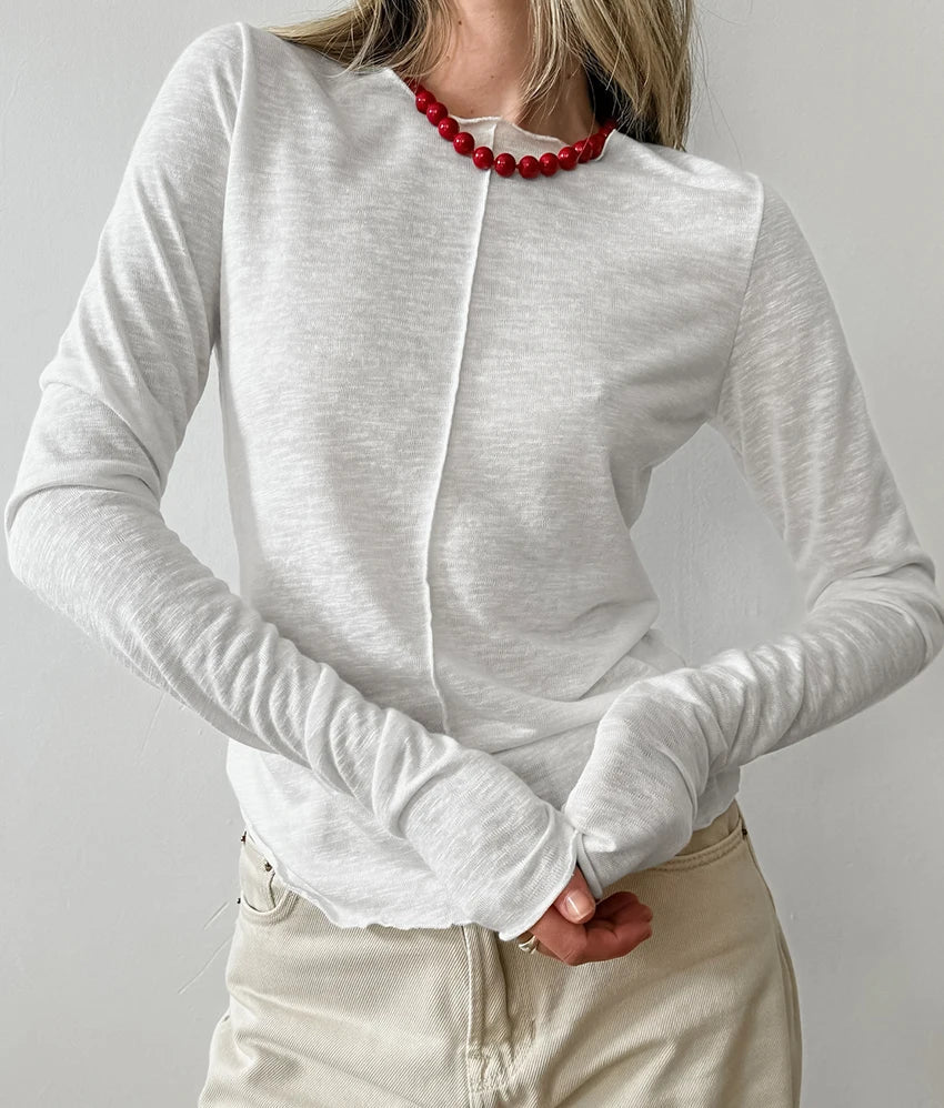 maoxiangshop  -  White Pleated Knitwear Tees Women Round Neck Inner Solid Slim Basic Tees Autumn Winter 2024 Office Lady Pullover Top