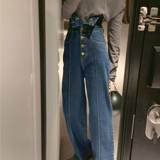 maoxiangshop Elegant Korean Jeans Women Winter New High-Waist French Designer Wide-legged Pants Blue Casual Designer Long Pants Autumn