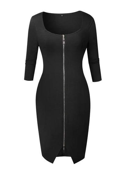 maoxiangshop Sexy Long Zipper Girdling Waist Slim Bodycon Dress Women Half Sleeves Solid Color Skinny Dress Elegant Club Party Vestidos