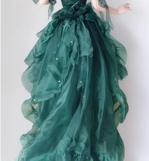 maoxiangshop Green Flower Wedding Dress Cos Lolita Dress Op Dress Lolita Heavy Industry Trail Puffy Princess Dress, Lolita Cosplay