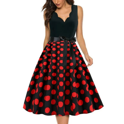 maoxiangshop Womens Retro Summer Dresses Robe Vintage Pinup 1950s 60s Rockabilly Sexy V-Neck Polka Dot Print Party Dress Vestido S-3XL