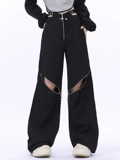 Y2K Black Cargo Pants Women Baggy Punk Style Zipper Trouser Hip Hop Gyaru Streetwear High Waist Pant Techwear Hollow Out