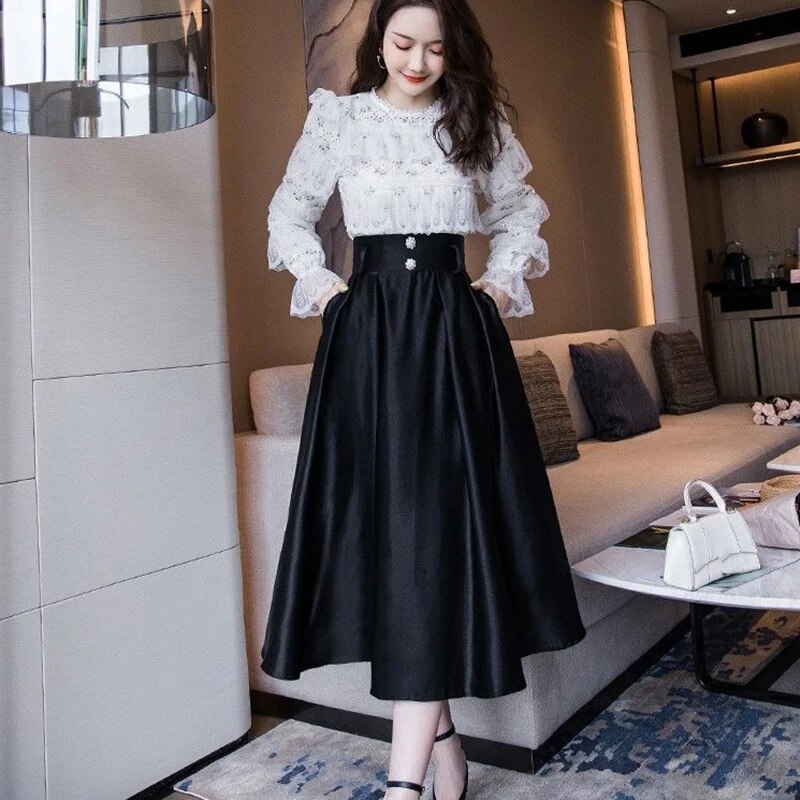 maoxiangshop Big Swing High Waitsed Black Skirts Women Fashion Pleated Satin Midi Skirt Woman Pearls Button Long Party Skirts Ladies