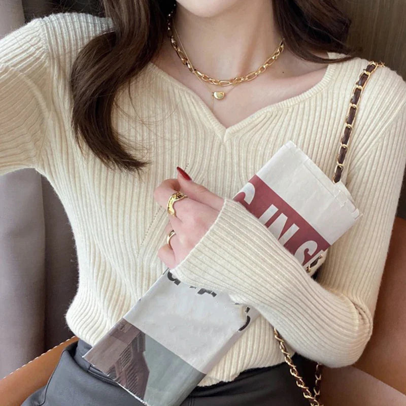 maoxiangshop Women V-Neck Slim Bottoming Sweater Long Sleeve Knit Warm Casual Pullovers Office Sweater For Women Autumn Winter