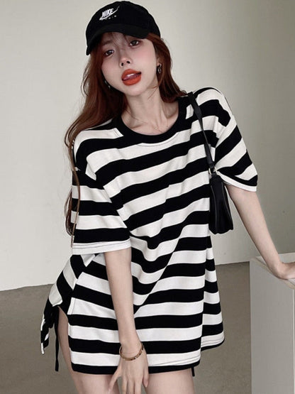 maoxiangshop Striped T-shirts Women Slit M-4XL Streetwear Loose Summer Simple Short Sleeve All-match Students Ulzzang Fashion Casual Ins BF