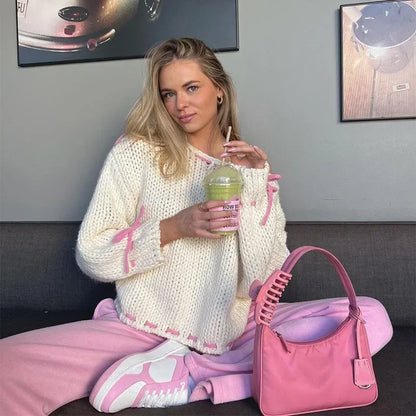 maoxiangshop  -  Casual Knitted Bow Contrast Women's Sweater Loose O-neck Long Sleeve  Pullover 2024 Autumn Winter Sweet All-match Lady Sweater