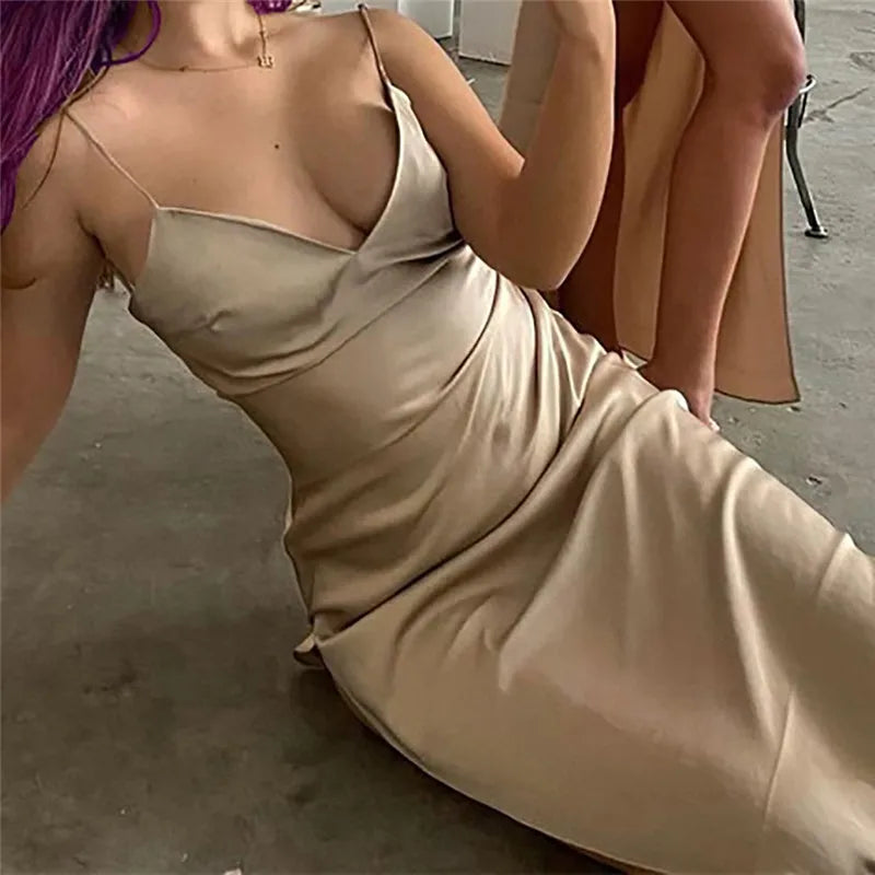 maoxiangshop Sexy Solid Backless Slit Party Long Dress Summer Dress Suspenders Slim fit women Y2K Long Dress Deep V Woman Evening Dress