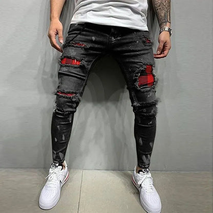 maoxiangshop Men Jeans Knee Hole Ripped Stretch Skinny Denim Pants Solid Color Black Blue Autumn Summer Hip-Hop Style Slim Fit Trousers S-4XL