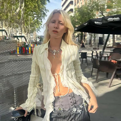 maoxiangshop  -  Sexy Hollow Lace Up Lapel Cardigan Top Female Ruffled Splice Slim Hot Girl T Shirt Fashion Long Sleeve Solid Autumn New