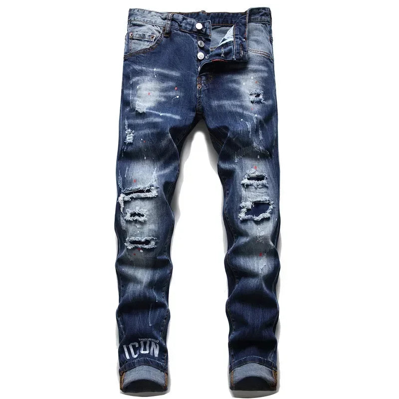 maoxiangshop Men Blue Denim Jeans Skinny Holes Jeans Italian Style Stretch Denim Pants High Quality Male Slim Fit Denim Trousers Size 42
