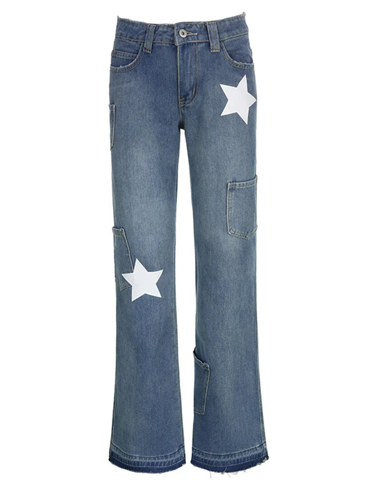 maoxiangshop -  Star Splice Baggy Jeans Women Autumn Fashion High Waisted Trousers Women's Retro Slouchy Denim Pants Woman Bottoms