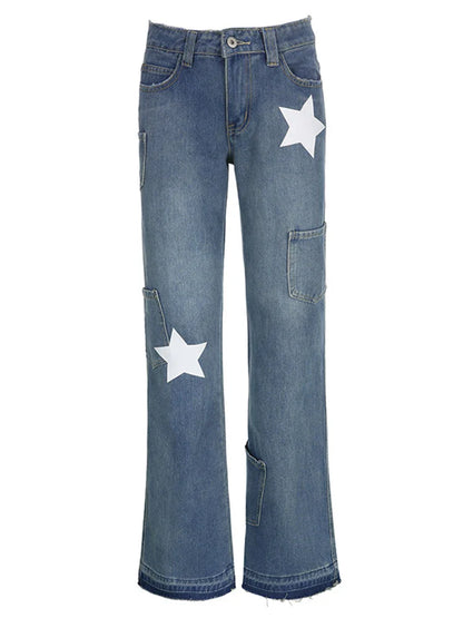 maoxiangshop -  Star Splice Baggy Jeans Women Autumn Fashion High Waisted Trousers Women's Retro Slouchy Denim Pants Woman Bottoms