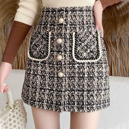 maoxiangshop Fall Winter Plaid Tweed Skirt Womens Thick Woolen Pearl Button Front Pocket Glitter Mini Skirt Saia Feminina