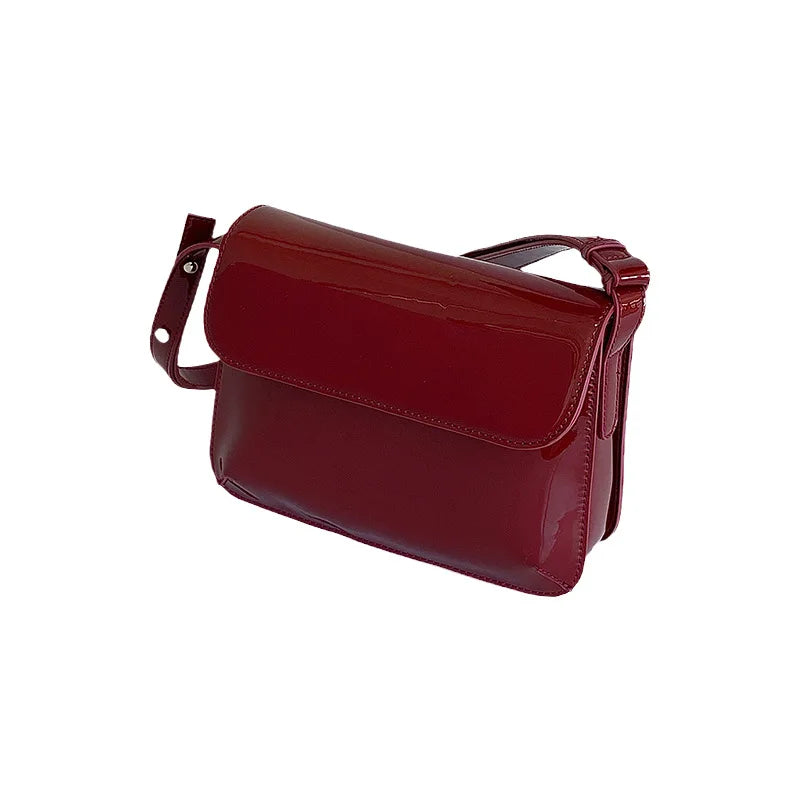 Wine Red PU Underarm Bag New Women's Vintage Lacquer Leather Shiny Buckle Single Shoulder Bag Luxury Elegant Crossbody Bag