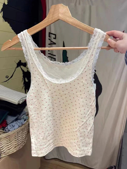 maoxiangshop  -  Lace Trim 2 Piece Sets for Women Summer Clothes 2024 Cotton 90s Y2K Crop Tops Girls Cute Kawaii Sexy Short Sets Outfit Two Piece