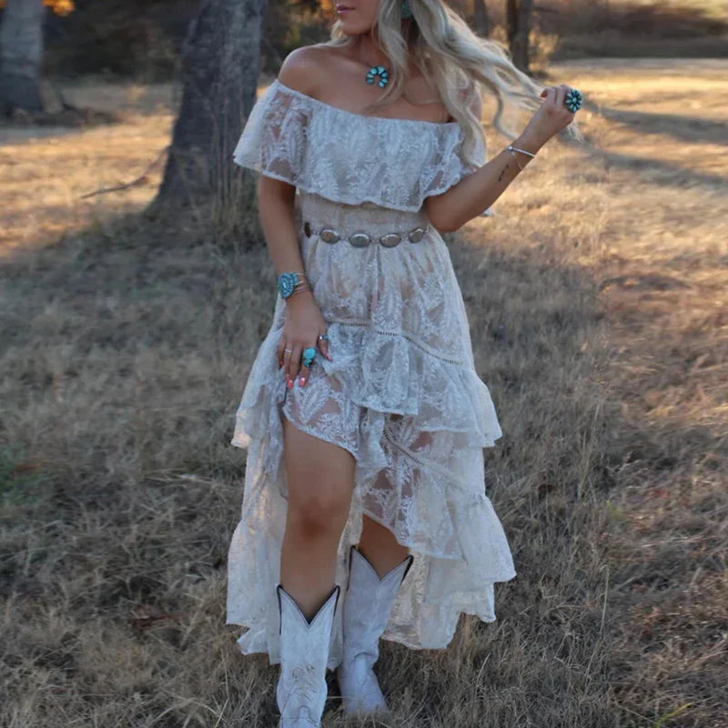 Fashion Embroidery Ruffle Long Dress Elegant Strapless Irregular Bohemian Dress Mujer White Lace Off Shoulder Women Beach Dress