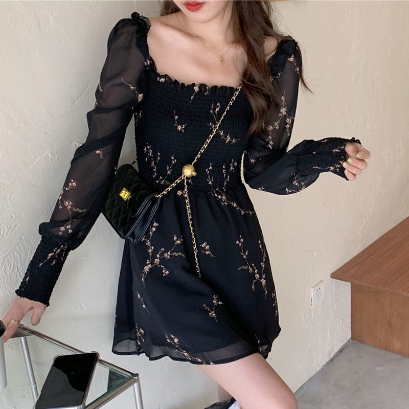 Autumn Womens Sexy Black Dress Vintage Flower Long Puff Sleeve Chiffon Dresses Korean Casual Mini Vestidos Mujer Clothes