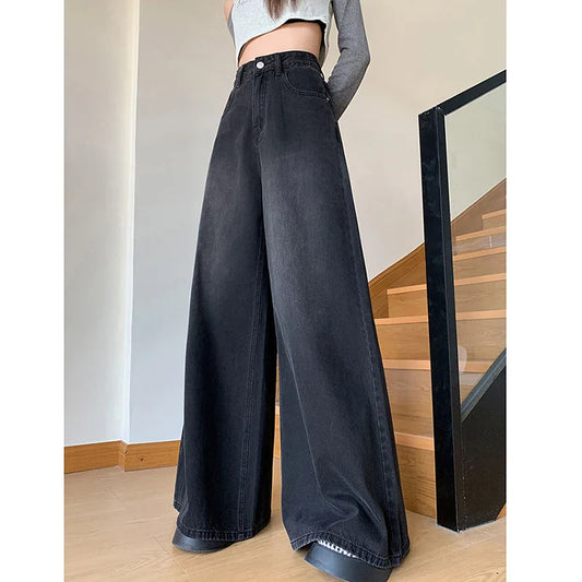 Vintage High Waist Jeans Fashion Korean Women Loose Wide Leg Pants Casual Female Streetwear Denim Trousers Spring New