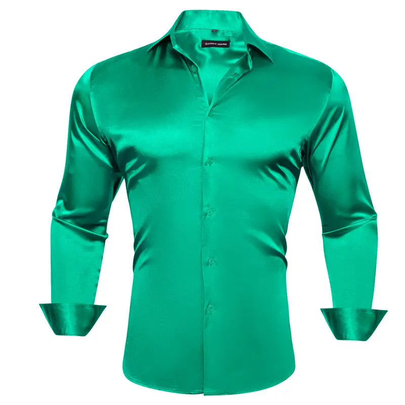 maoxiangshop Luxury Shirts for Men Silk Satin Solid Plain Red Green Yellow Purple Slim Fit Male Blouses Turn Down Collar Casual Tops