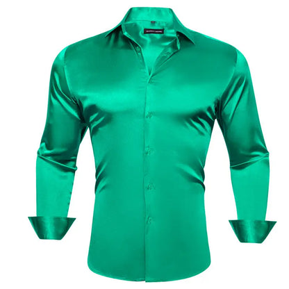 maoxiangshop Luxury Shirts for Men Silk Satin Solid Plain Red Green Yellow Purple Slim Fit Male Blouses Turn Down Collar Casual Tops