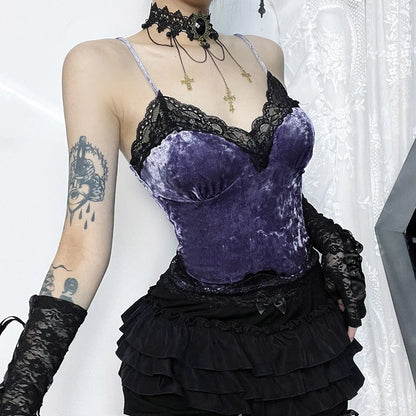 maoxiangshop-Women's Gothic Top Temperament Street Wear New Spice Girls Sexy Tops Women Diablo Wind Velvet Lace Camisole