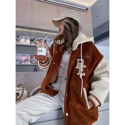 Embroidered Hooded Baseball Uniform Women's Winter 2023 New Student Couple American Retro Plus Velvet Casual Hooded Jacket Top