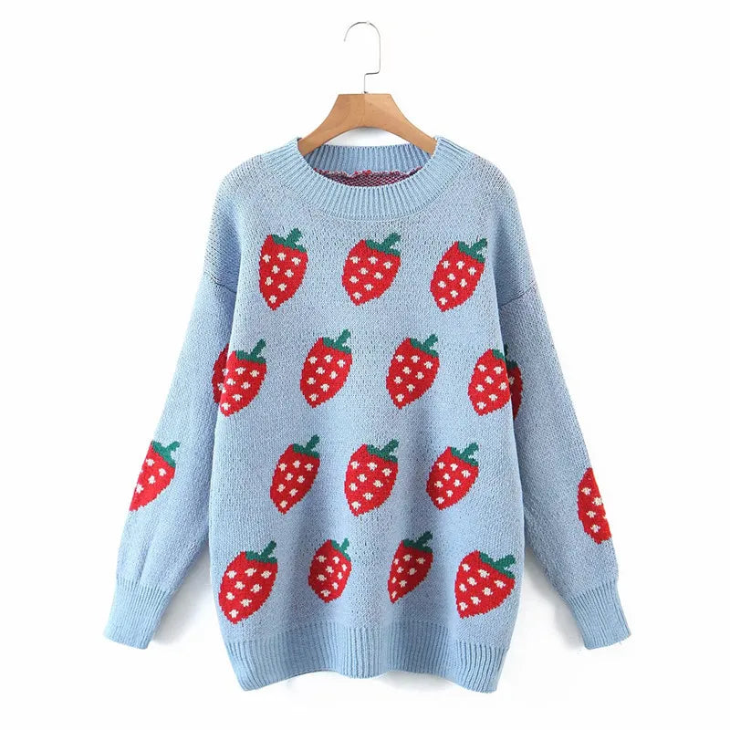 maoxiangshop Cute Strawberry Sweater Women Soft Jacquard Knit Pullover Jumper Teen Girl Autumn Winter Outfit