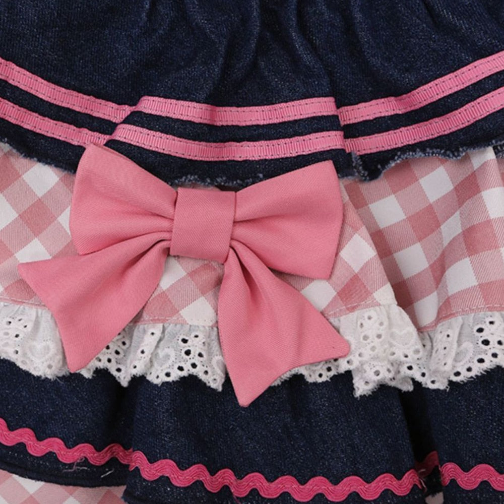 maoxiangshop Preppy Style Lolita Kawaii Skirts Japanese Sweet Mini Women Harajuku Cute Ball Gown Denim Skater Y2K High Waist Lace Cake Skirts