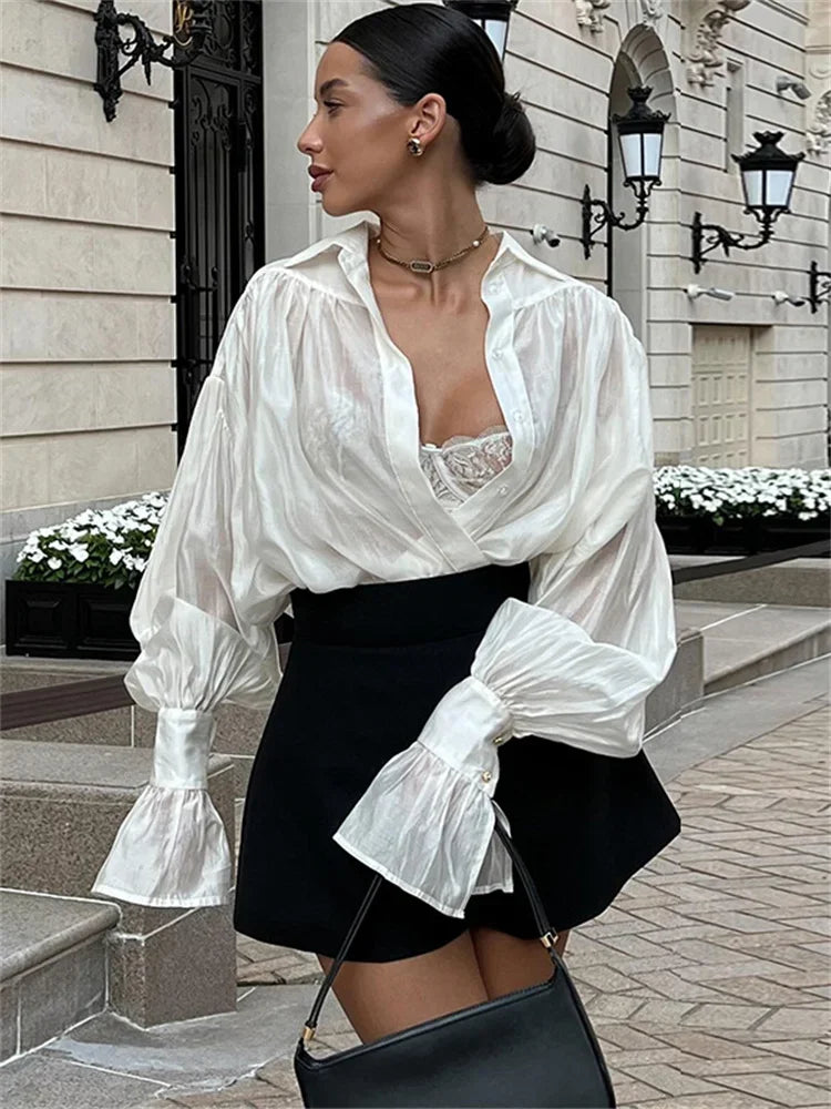 maoxiangshop  -  Autumn See-Through Casual Shirts Top For Women Loose Slim Long Sleeve Lapel Cardigan Streetwear Women's Pleated Shirts Top
