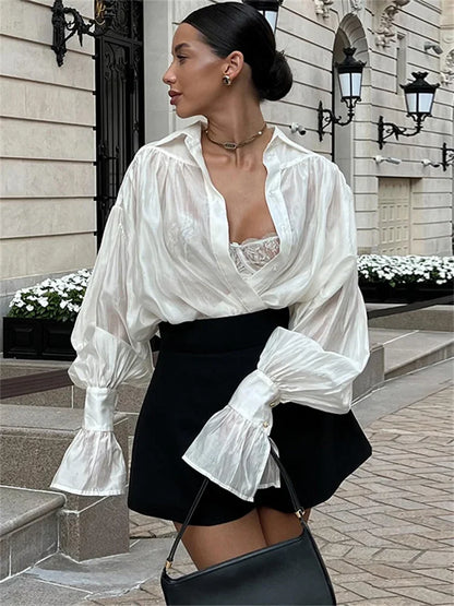 maoxiangshop  -  Autumn See-Through Casual Shirts Top For Women Loose Slim Long Sleeve Lapel Cardigan Streetwear Women's Pleated Shirts Top